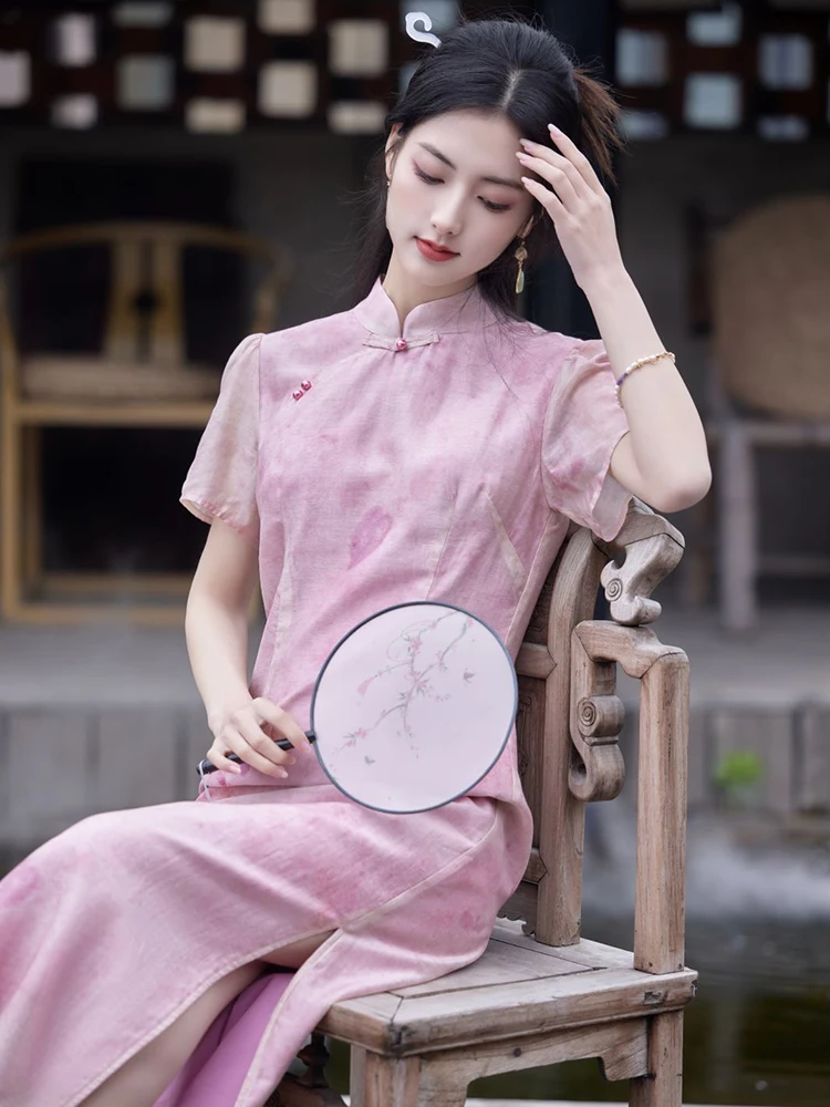 Han Chinese Clothing Cheongsam DressWomen's Pink Loose Cardigan Suit Fashionable ChineseStyle Cotton and Linen Suit SpringSummer