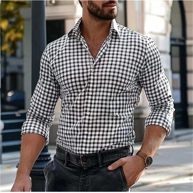 Camisa con botones para hombre, camisa informal de manga larga, color negro, rojo y azul, solapa a rayas, ropa de vacaciones diarias, Tops casuales