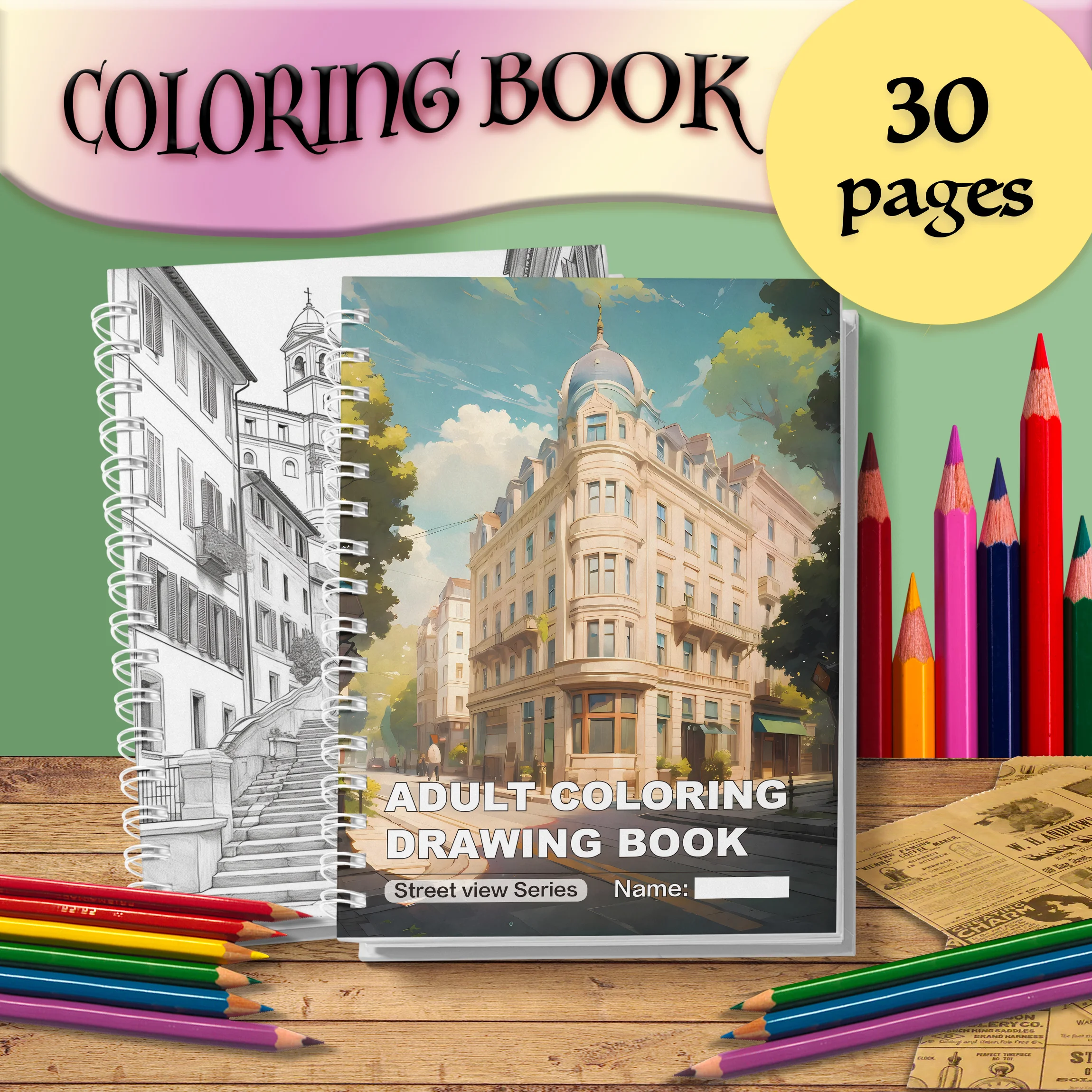 

1 Pc Architectural Street Scene Adult Coloring Book, Thick Paper, Gift of Taste and Thought