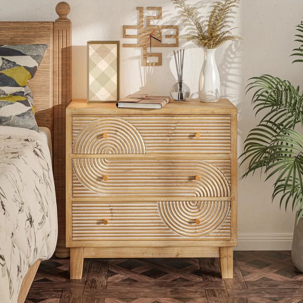 Farmhouse Dresser with Handicraft Wood Ring Motif Assembled Nightstand Wooden Finish for  Mid-Century,