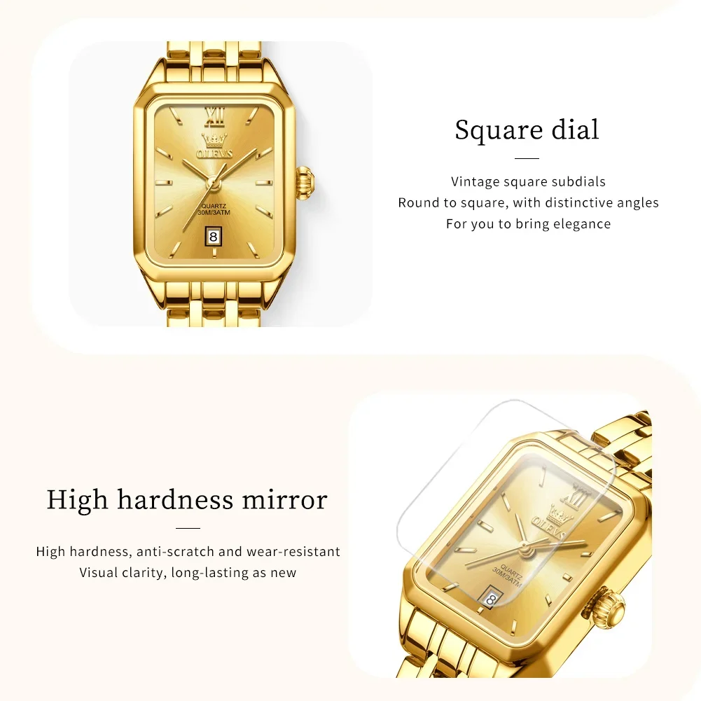 OLEVS Top Luxury Women\'s Watches Retro Square Original Quartz Watch for Girl Waterproof Gold Stainless Steel Strap Luminous Date