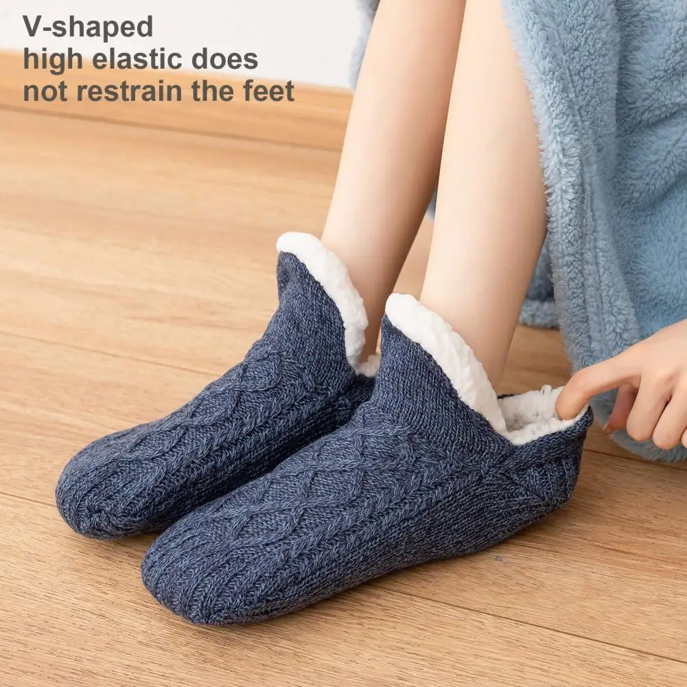 Soft Foot Covers Cozy Winter Floor Socks with Plush Knitted Heat Retention Anti-slip Silicone Sole V-shaped Ribs for Warmth