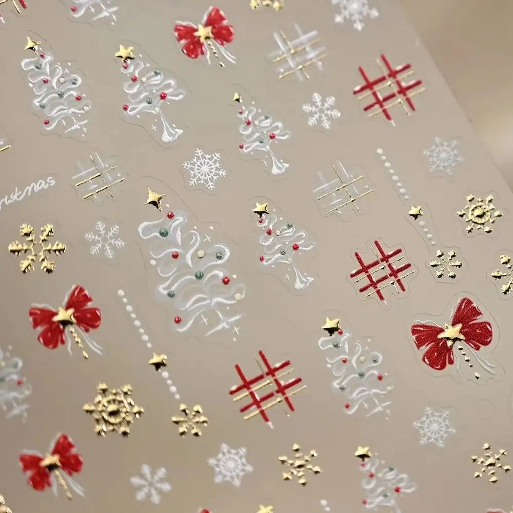

Ins Style White Christmas Tree Snowflake Red Bowknot Gold Stamped Stars Cute 3D Nail Art Stickers Xmas Lovely Manicure Decals