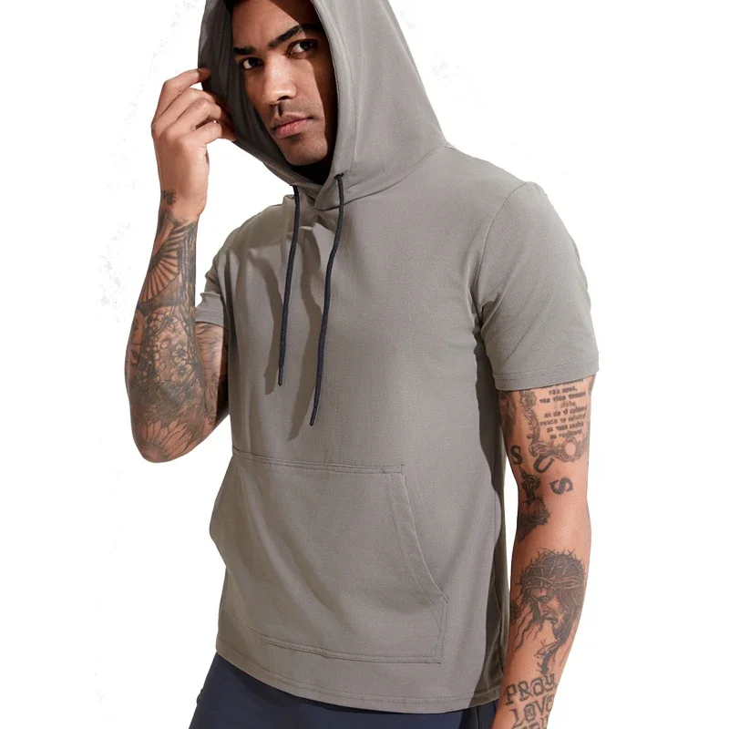 Sudaderas con capucha de manga corta para hombre, ropa deportiva ajustada, sudadera de compresión para correr, camisetas de ocio al aire libre, Sudadera con capucha informal de Color sólido