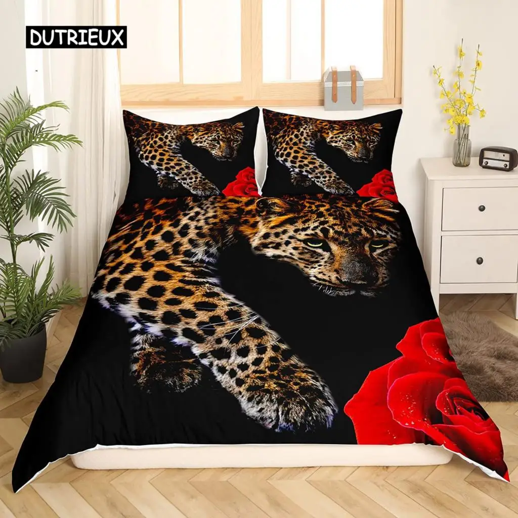 

Leopard Comforter Cover King Queen Full Cheetah Bedding Set African Savanna Animal Duvet Cover Rose Flower Polyester Quilt Cover