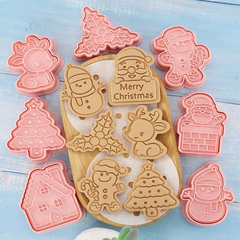 8Pcs Christmas Cookie Cutters Santa Claus Snowflake Cookie Molds Biscuits Embosser Stamp Christmas Baking Accessories Decoration