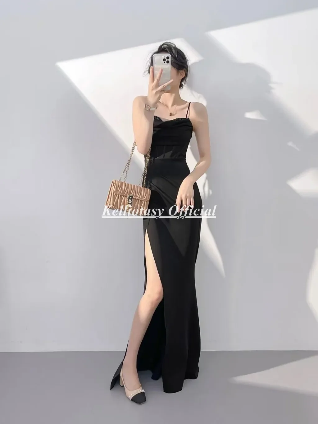 Vestido de noite sereia preto personalizado, alça espaguete, divisão aberta, sexy, vestidos de ocasião não formal para mulheres mxy 241204