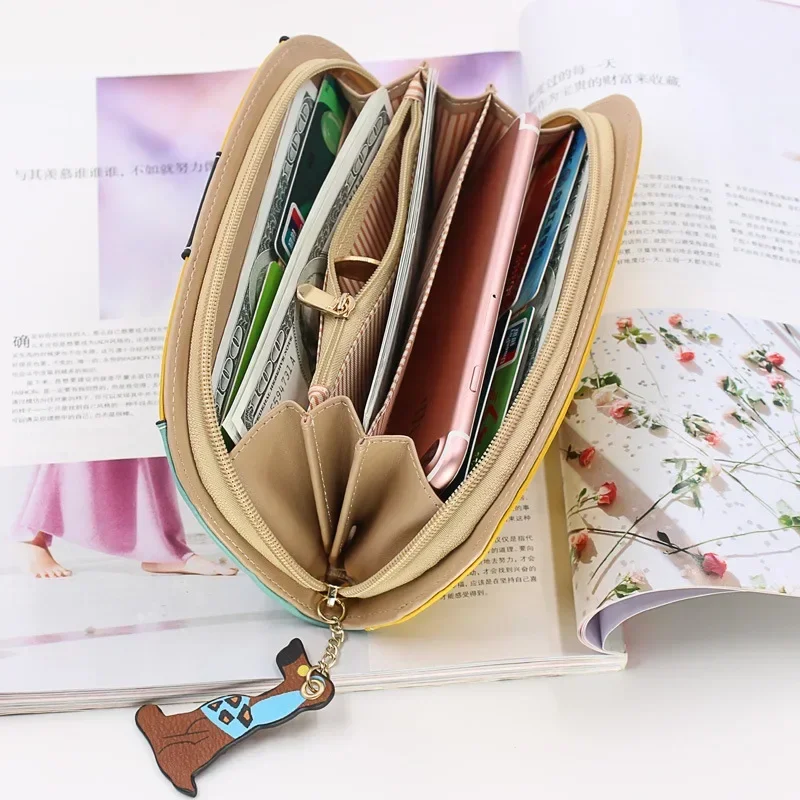 Ladies Zipper Long Wallet Large Capacity PU Leather Dog Pattern Contrasting Color Fashion Retro Clutch Waterproof Purse