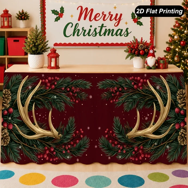 2D Flat Banner 1 piece Christmas tablecloth Reindeer antlers and green leaves tablecloth Decorative for perfect home kitchen