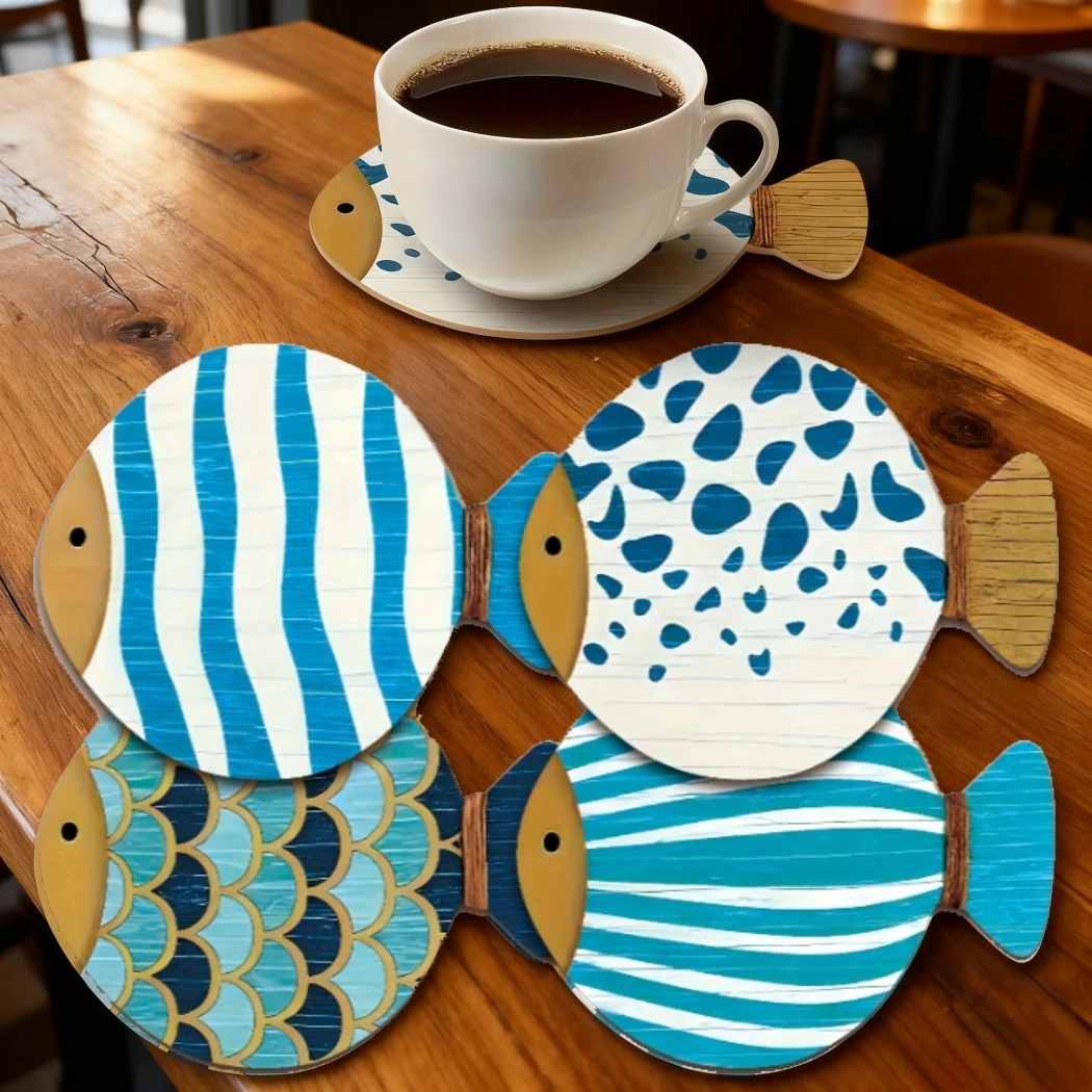

4 шт., 2D 4 дюйма, художественная мультяшная деревянная подставка в форме рыбы, сине-белый узор, противоскользящая, термостойкая, для дома, кофейни, бара, подарки