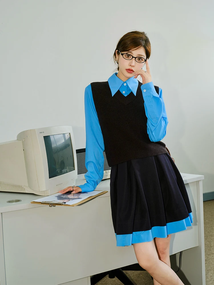 

Anti-Wrinkle Organo Silk Fabric Klein Blue Long Sve irt Versatile Layering Faionable Women's Sweet Sle Straight Cut