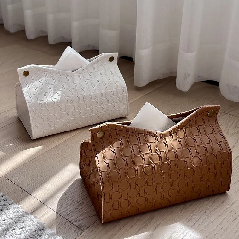 Luxury Minimalist Large Peak Pattern Leather Tissue Box, Snap Closure Square Car Bathroom Office Tissue Holder