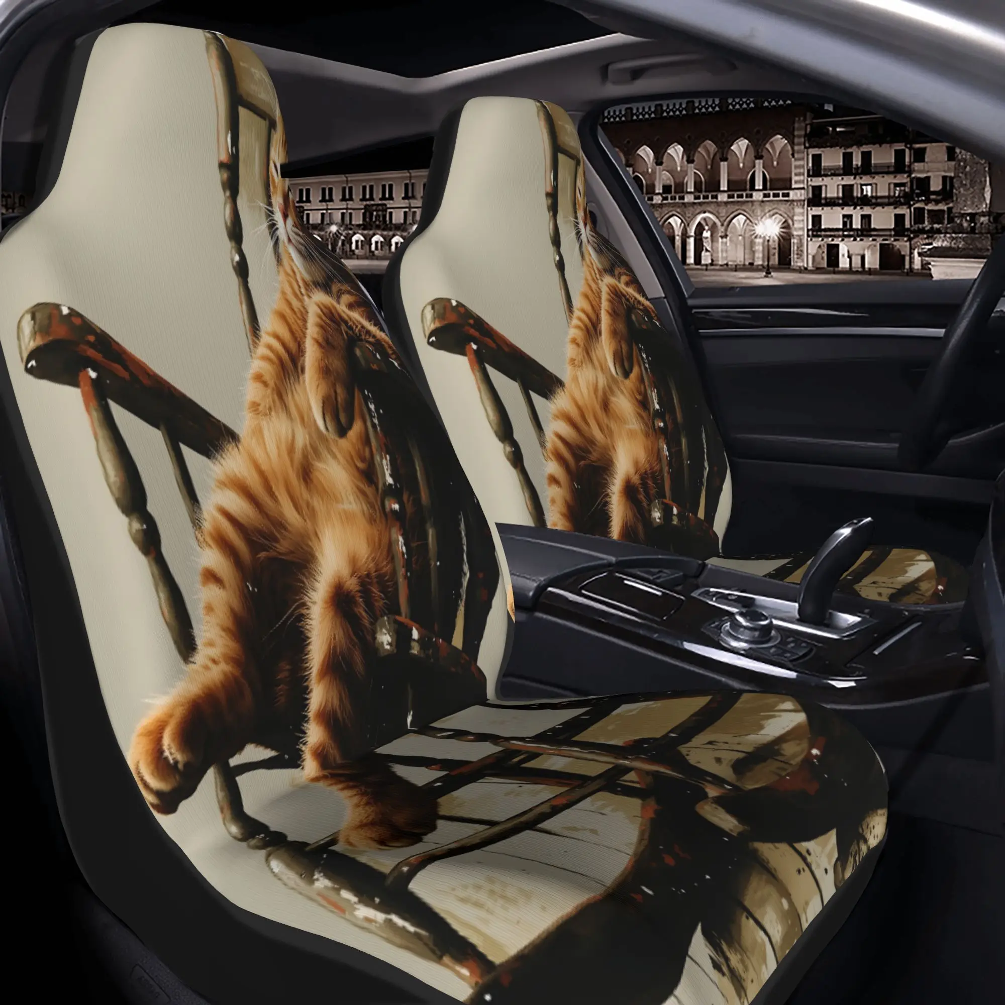 Two Pieces Featuring A Delightful Orange Tabby Cat Lounging Comfortably In A Vintage Wooden Rocking Chair. These Car Seat Covers
