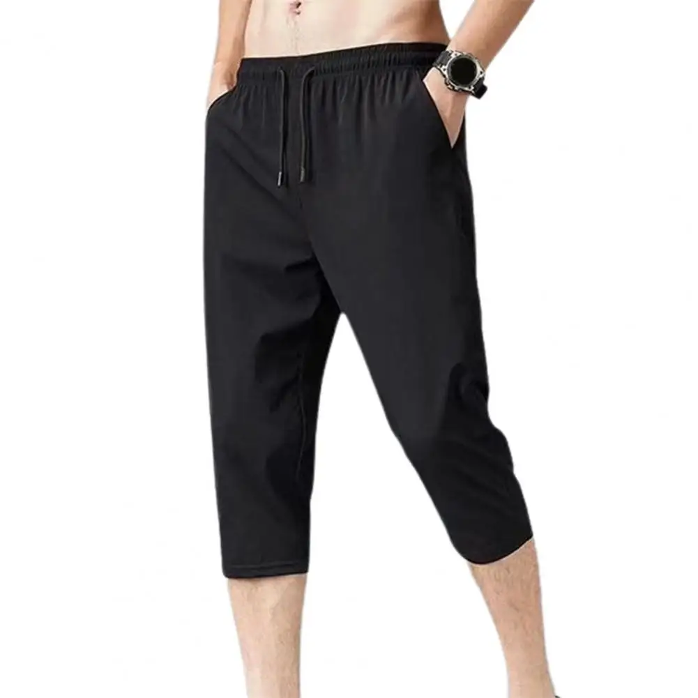 Cropped Trousers Loose Type Quick Dry Drawstring Ankle-banded Stretchy Waist Cropped Trousers Men Sweatpants Anti-pilling