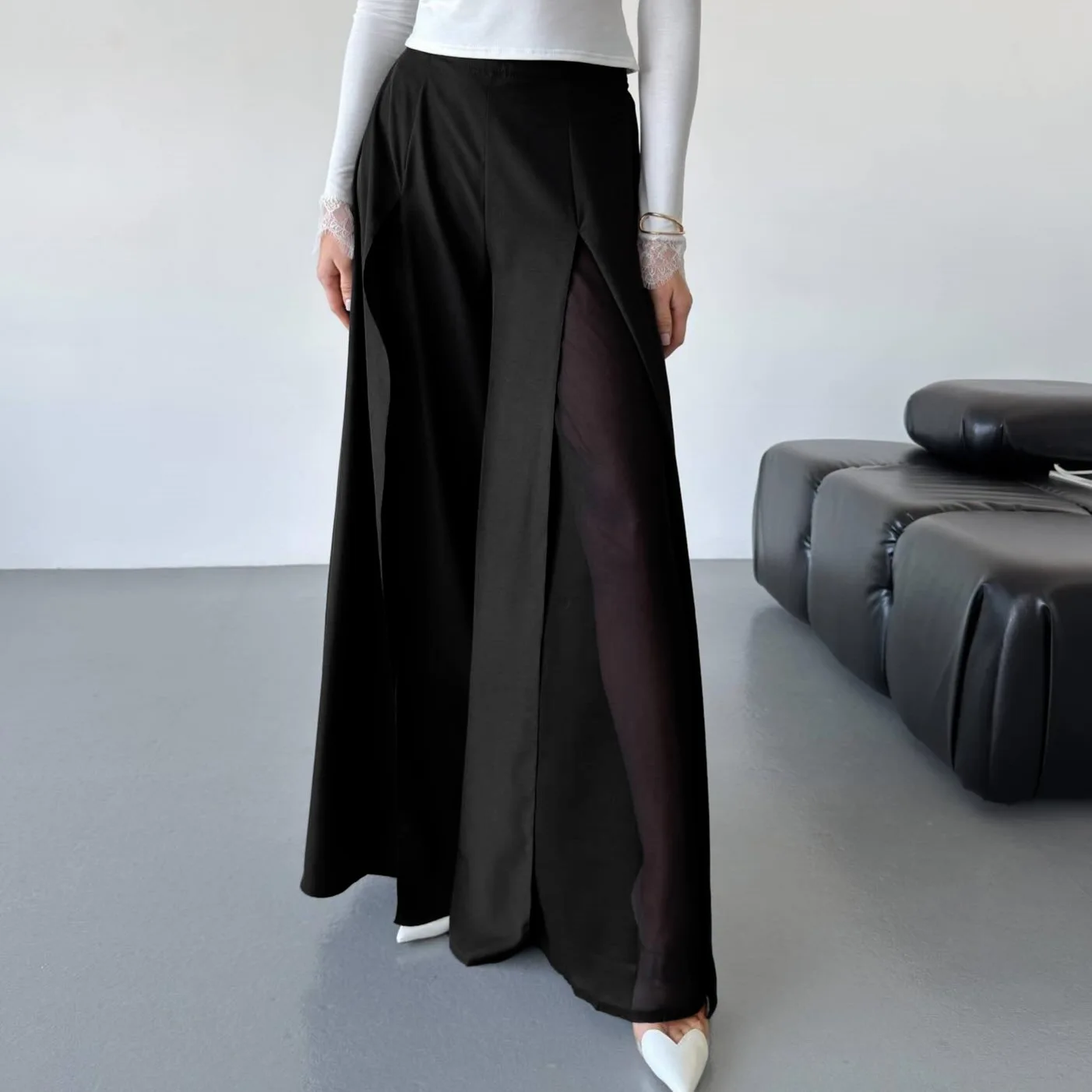 2026 Summer New Black Mesh Splicing Perspective Casual Pants High Waist Wide Leg Pants