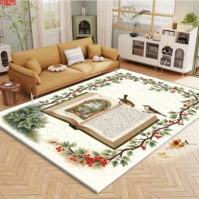 Retro Book Bird Floral Border Carpet Flooring Artistic Home Decor Floor Carpet
