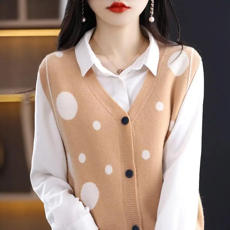 

Autumn Winter Women Clothing Sweater Vest Coat V-Neck Print Button Korean Fashion Casual Loose Sleeveless Cardigan Knitted Tops