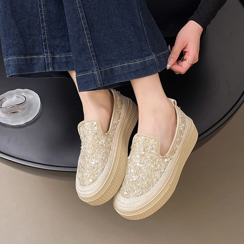 

New Women's Lace Casual Loafers Breathable Thick Bottom Outdoor Walking Comfortable Fashion Single Shoes for Women Zapatillas