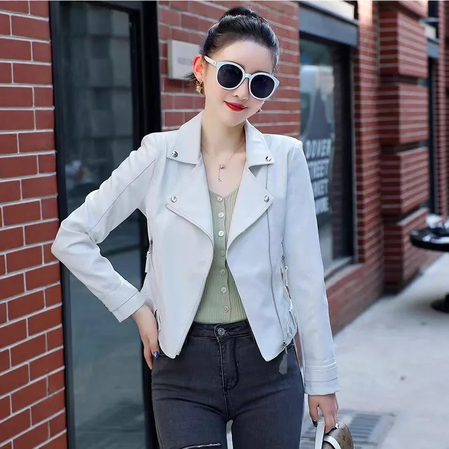 

NEW 2026 Spring Autumn Korean Style Slim Fit Motorcycle Jacket Outerwear Large Size Leather CoatShort Women's PU Leather Jacket