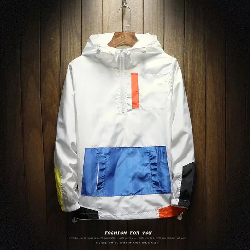 2026 Autumn Men Color Block Hooded Windbreaker Pullover Quick Dry Breathable Lightweight Outdoor Cycling Hiking Travel Casual Wi