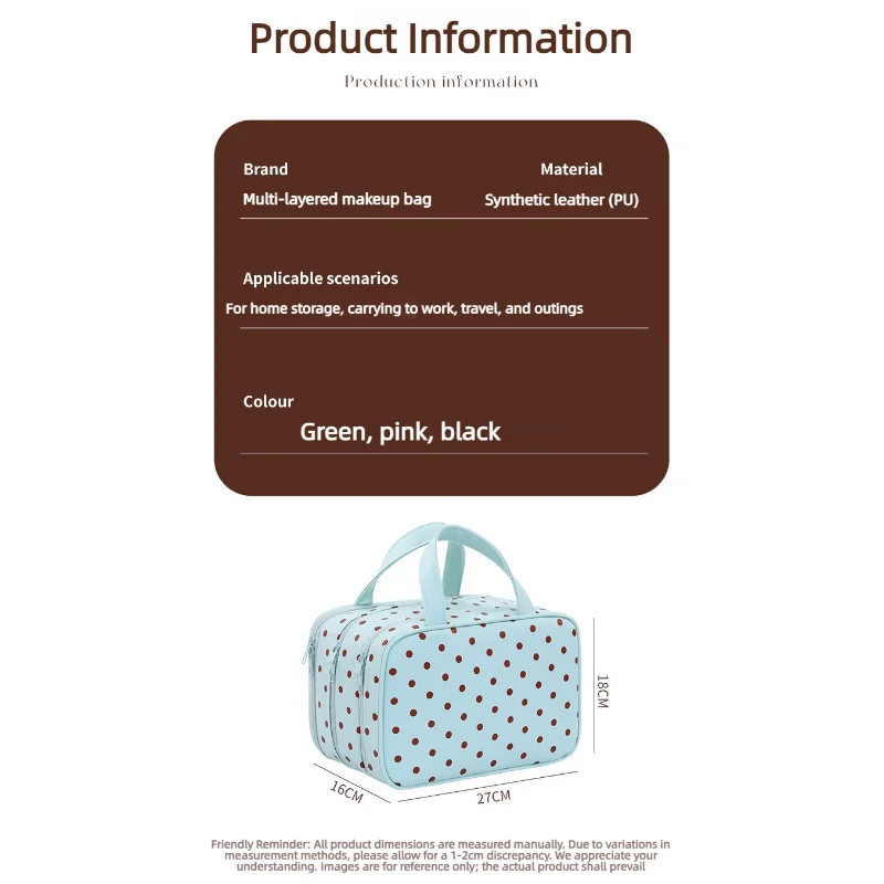 Handtasche mit Polka-Dot-Muster, multifunktionale Kosmetiktasche mit 3 Fächern, aus PU-Material, große Kapazität, wasserdicht, Reisetasche zur Aufbewahrung. – Detail 5