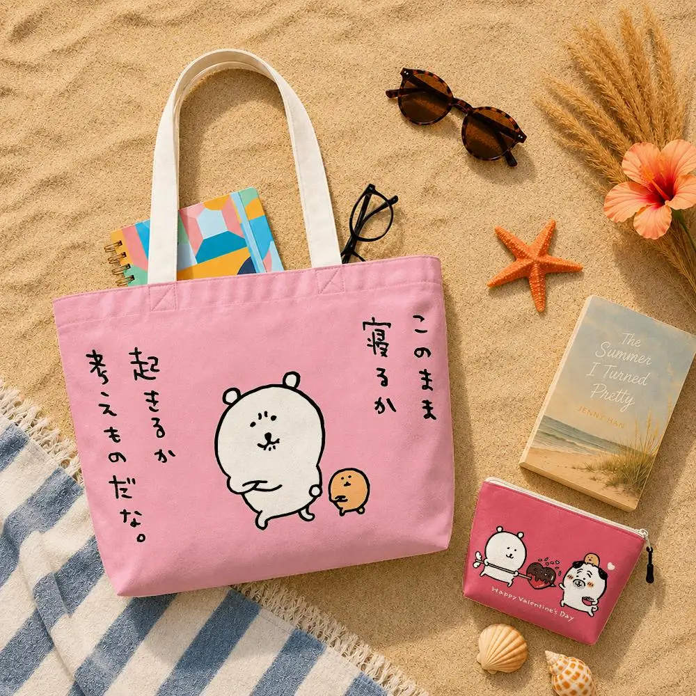 J-Joke Bear N-Nagango Storage Bags 2-Piece Set Canvas Tote Bags with Zipper Shoulder Handbags for Daily Shopping Travel