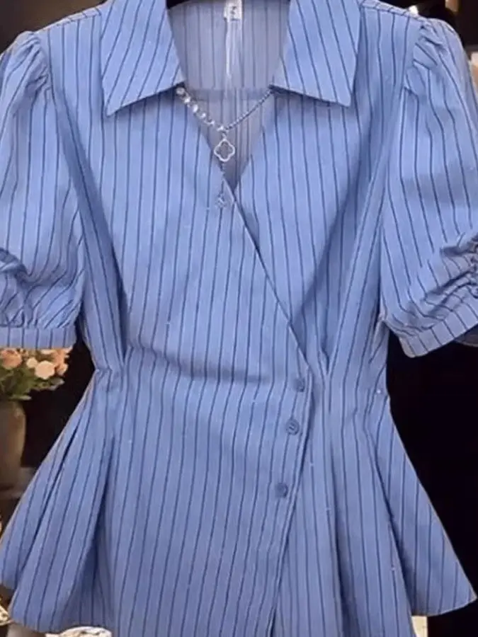 

plus Size Ele Lady Design Slim Fit ort Sve irt V Ne Diamond Embellied Striped French Sle Women's irt