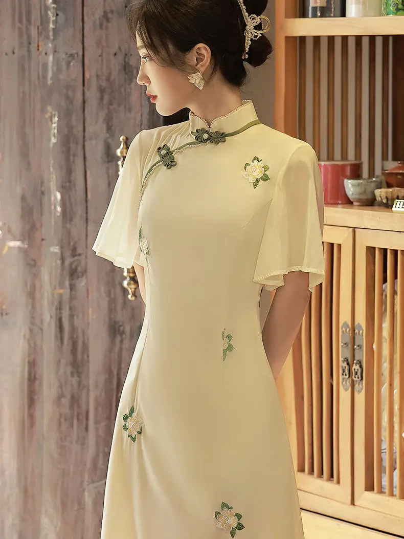 

Improved Cheongsam Girls Summer Light Wind Dress New Chinese Style Dance Long Robe Asiatique Robe Traditionnelle Chinoise