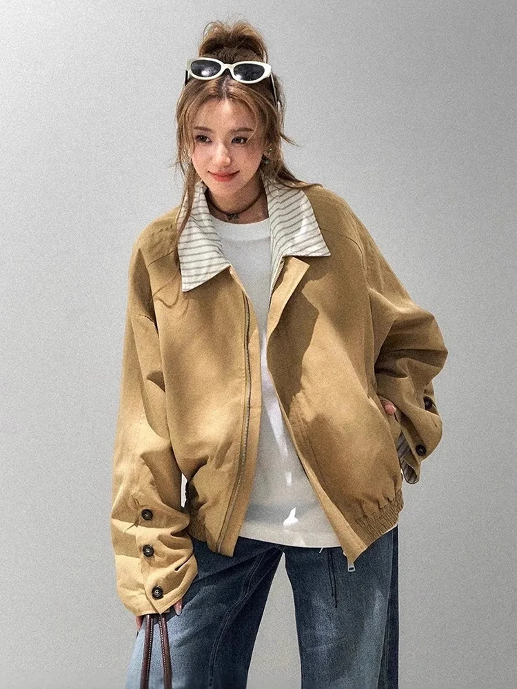 

Striped Patchwork Jacket Women Autumn Vintage Lazy Wind Zipper Streetwear Coats American Retro Harajuku Casual Simple Outwear