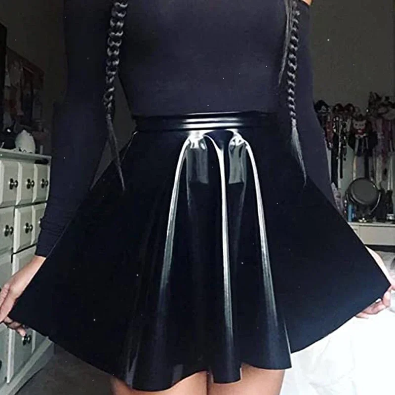 Women\'s Black PU Leather Pleated Skater Mini Skirt, Monochromatic, Short, Casual, Stretch, A-Line, Nightclub, Sexy, Summer