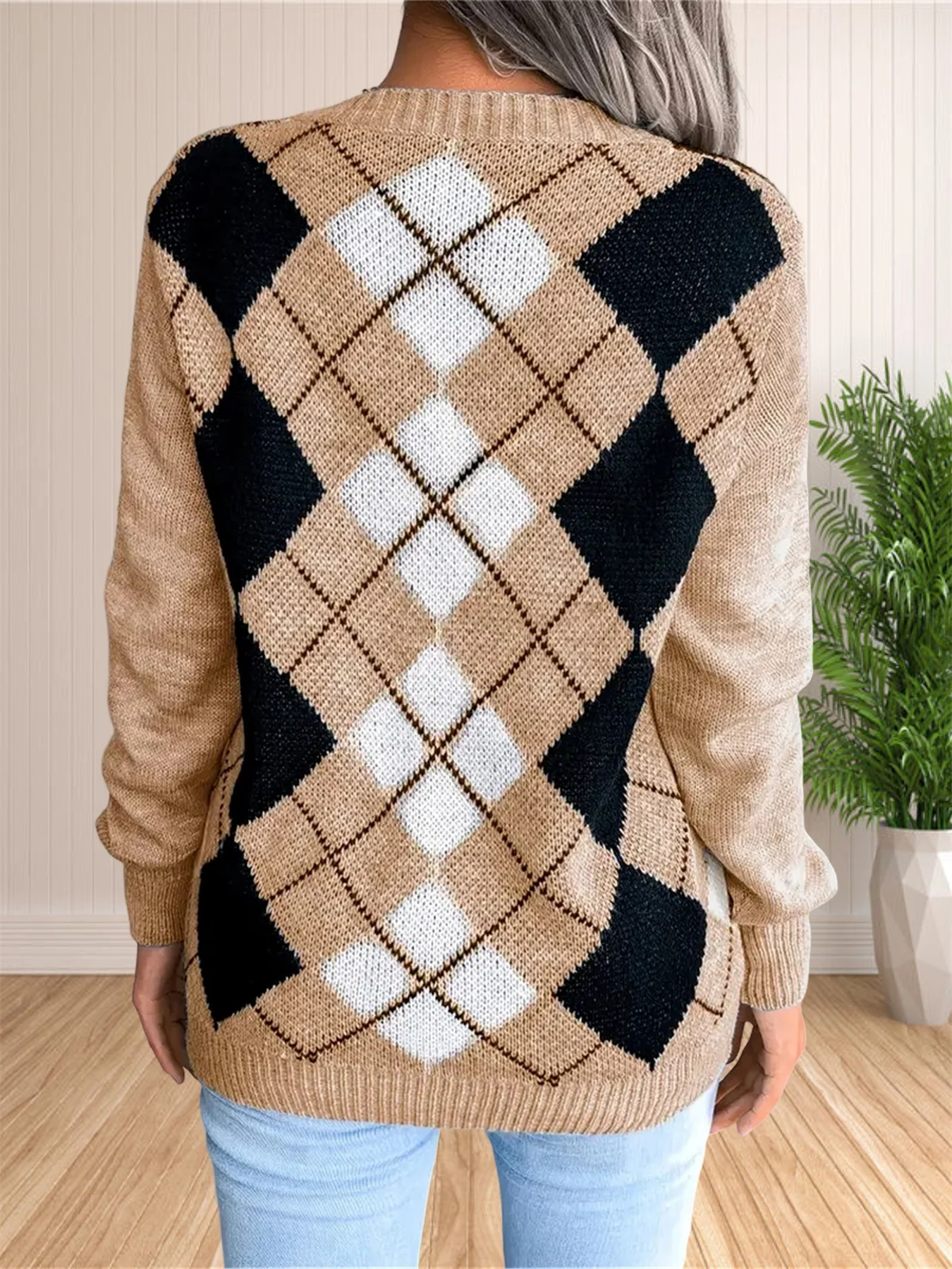 College Style Rhombus Sweater Women Elegant V Neck Pullover Jumpers Female Autumn Winter Casual Loose Knitwear Trend Streetwear