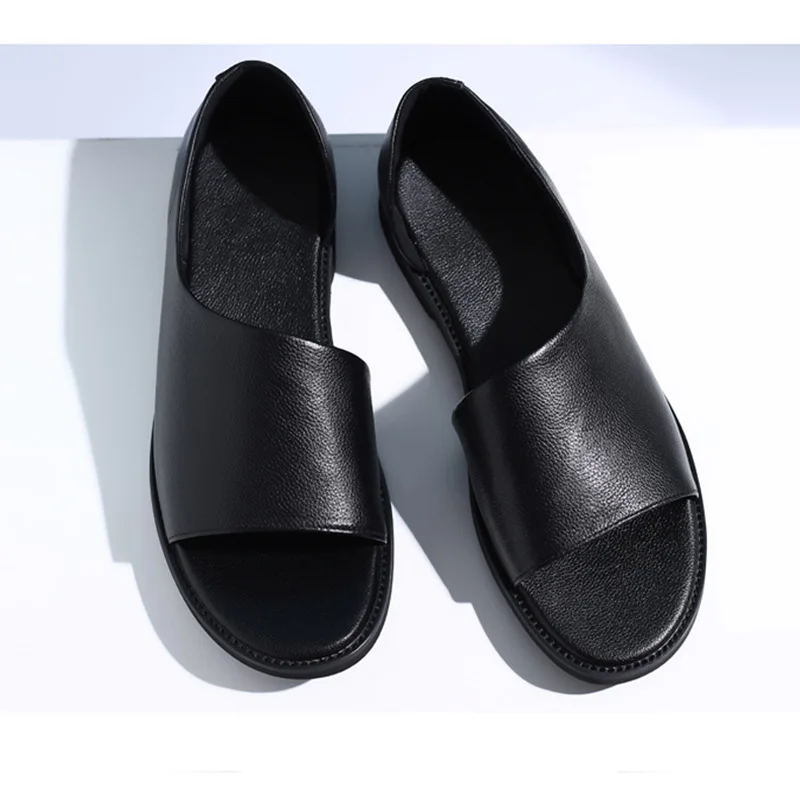 100% Genuine Leather Shoes Men Sandals Soft Cow Leather Mens Sandals Flat Non-slip Summer Holiday Shoes Black Slip-on KA4389