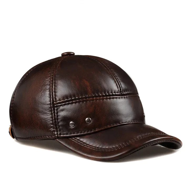 Brand Winter Genuine Leather Black Brown Baseball Caps For Man Women Casual Street Outdoor Hockey Golf Gorras Real Cowhide Hat