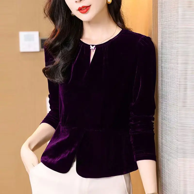 Camicia a maniche lunghe in velluto tinta unita primavera donna O collo Slim Casual elegante farfalla design coreano camicetta Top 2025 Blusas Mujer