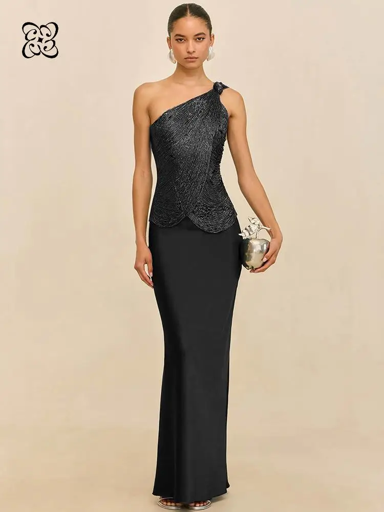 Elegant One Shoulder Black Evening Two-Piece Set For Women Luxury Glitter Satin Maxi Skirt Set Sexy Backless Formal Party Gown