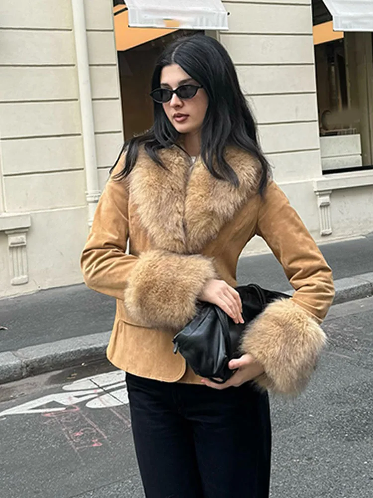 HH Woman Long Sleeves Single Breasted Pocket Decoration Removable Fur Lapels Suede Suit Coat Female Leisure Coat