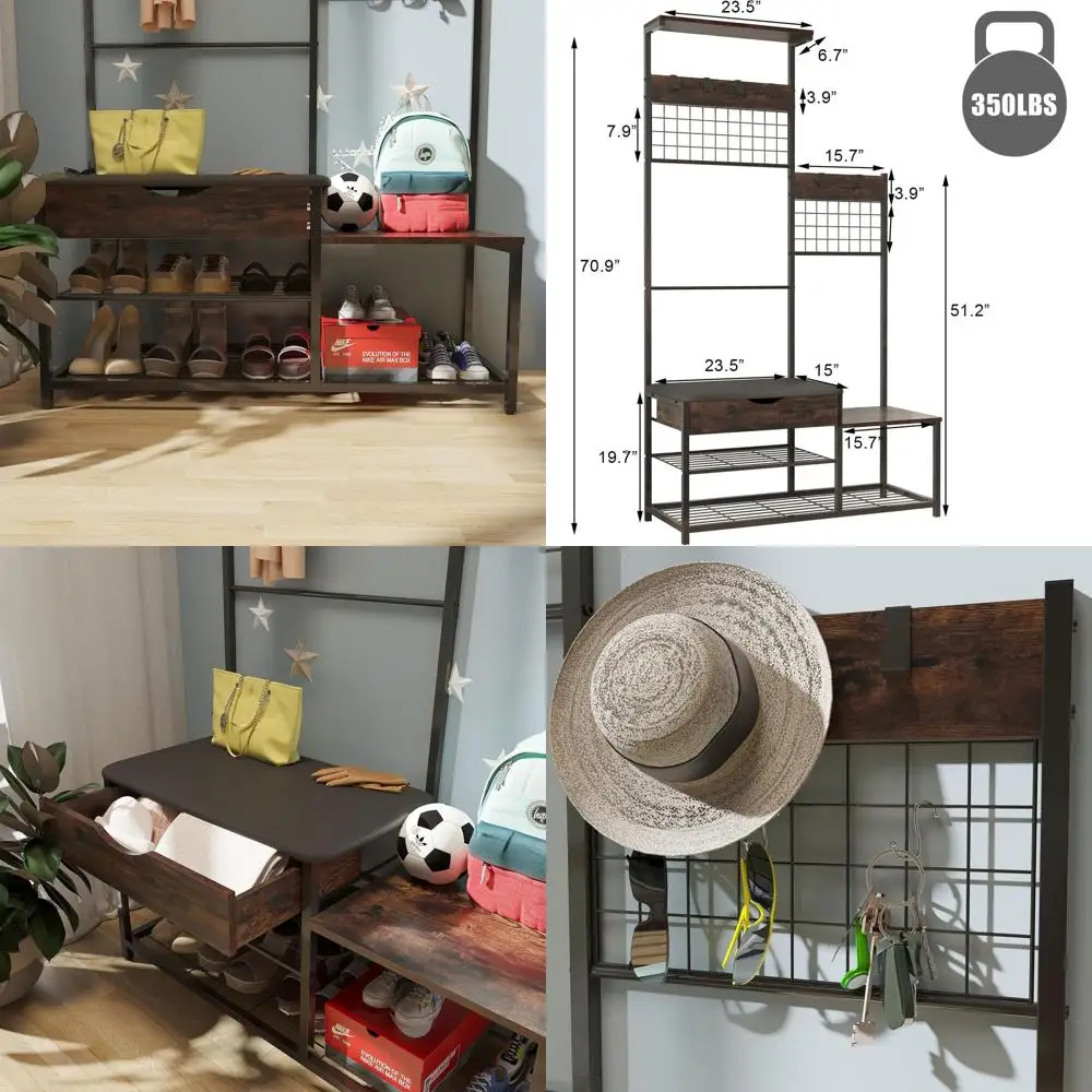 

Industrial Style 4-in-1 Entryway Bench with Storage Drawer, Cushion, and Coat Rack in Antique Brown, Parent-Child Friendly Desig