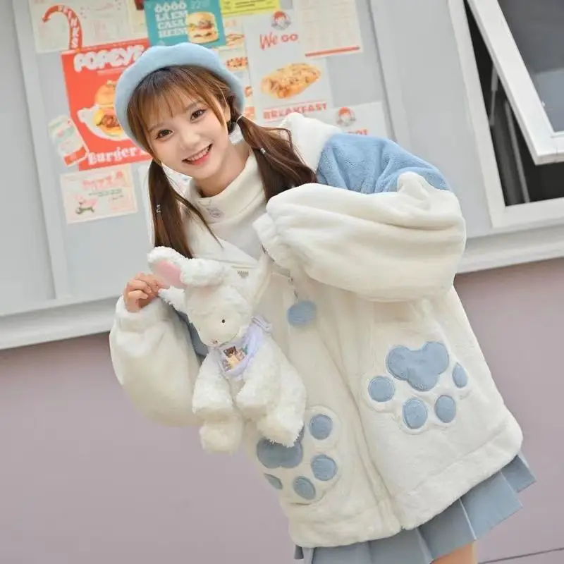 Preppy Style Patchwork Y2k Bear Hooded Zip-up Jackets Women Kawaii Sweet Lamb Wool Coats Winter Korean Fleece Sweatshirts