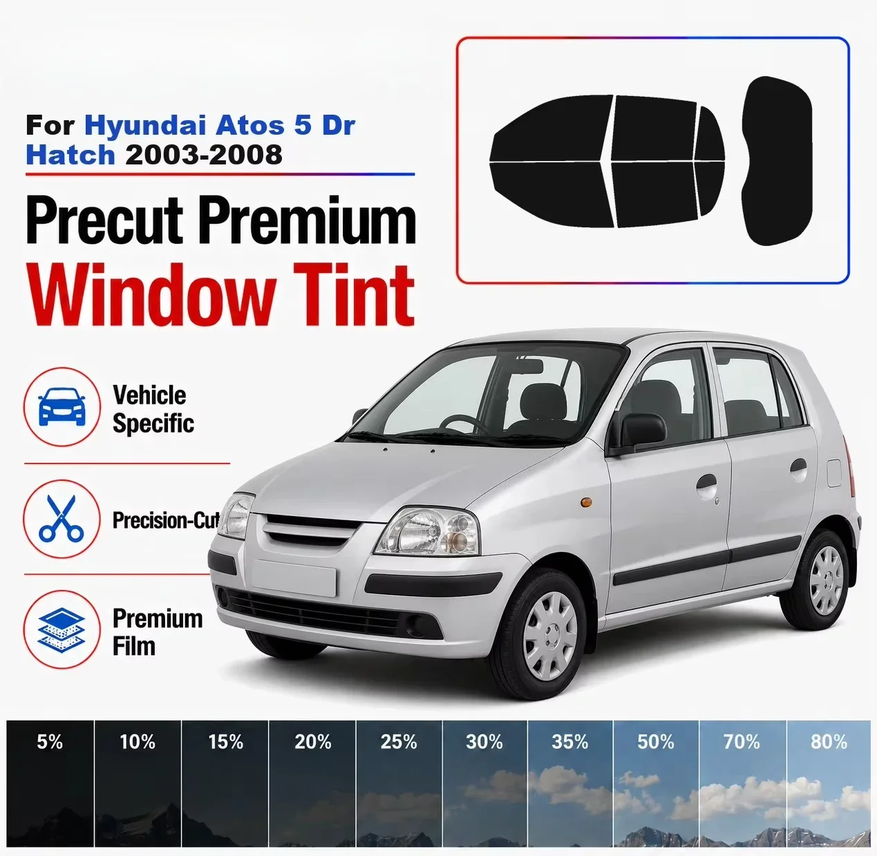 Premium Precut Nano Ceramic Window Tint Kit, Front & Rear Windows+Rear Windshield, For Hyundai Atos 5Dr Hatch 2003-2008 Full Set