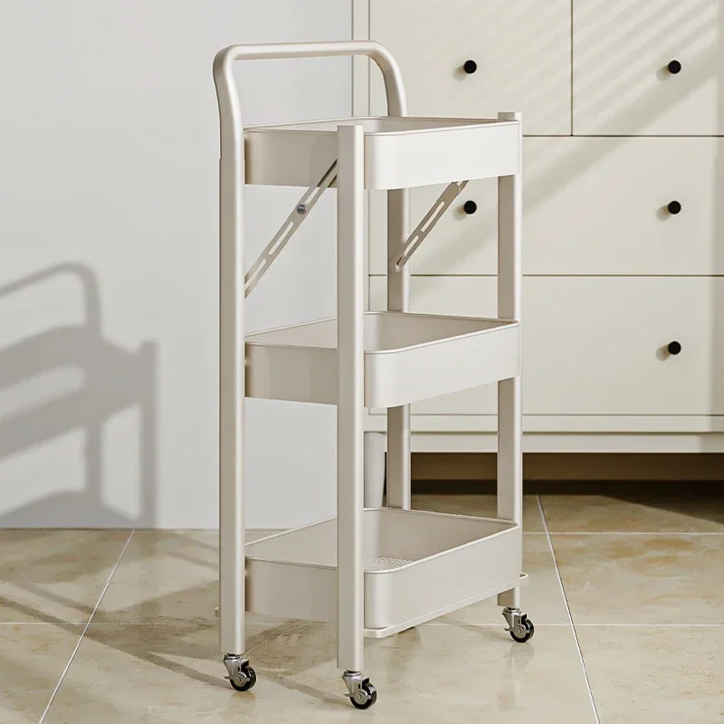 Multifunctional 3 Tiers Trolley Storage Rack With Pulley Household Folding Cart Organizer Shelf For Kitchen Bathroom Living Room