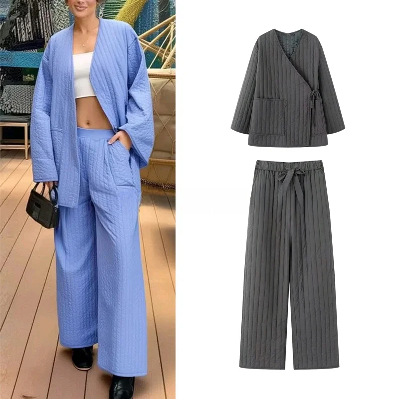 

Fall New Arrival Women's mat Sle Loose Double-Breasted Kimono Cotton Jaet with Casual Mid-Waist Long Pants Set