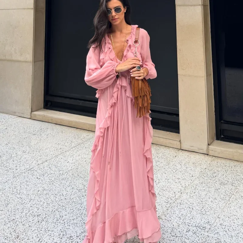 Eleganckie sukienki z pełnym rękawem z wieloma falbankami Szykowne luźne sukienki z dekoltem w szpic z koronki Nowa damska letnia suknia klubowa 2025