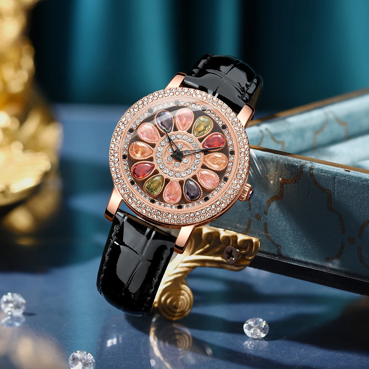 Montres de luxe en or rose pour femmes, cadran rotatif, biscuits, diamant, horloge créative, étanche, unique, mode