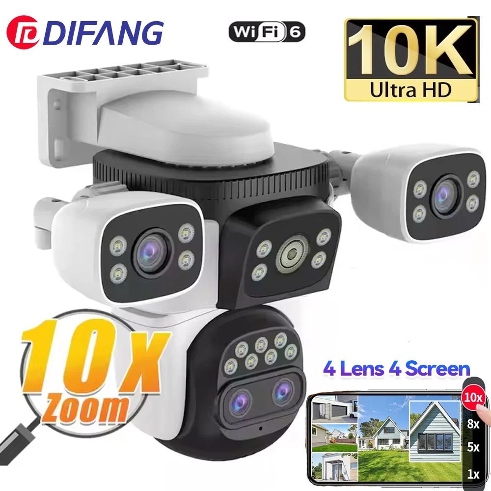 Câmera de segurança 10k uhd wifi6, quatro lentes, quatro telas, 12mm, zoom 10x, trilha automática externa, à prova d'água, cctv, câmera de vídeo de vigilância