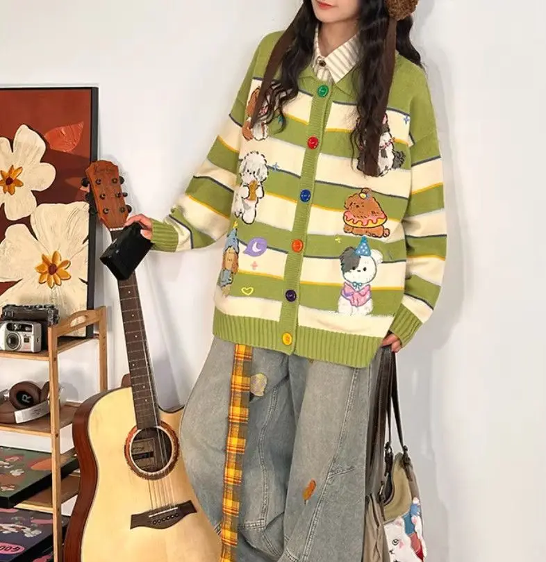 Women's Kawaii Cartoon Dog Embroidered Cardigan Chic Japanese Style Contrast Stripe Polo Collar Loose Knit Sweater Outerwear