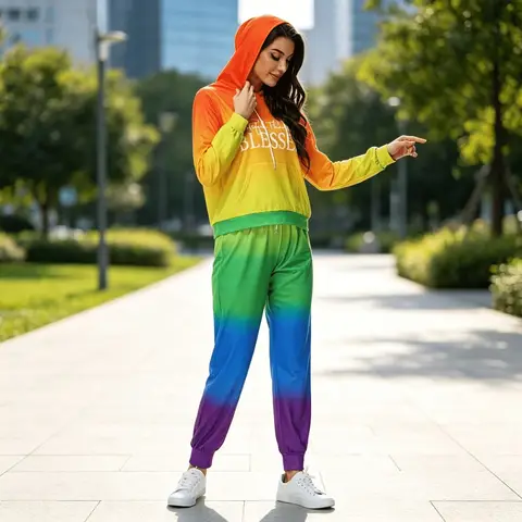 New Rainbow Gradient Hooded Sweatshirt Set for Women Fashion Casual Two Piece Outfit Vacation and Party Dress Up