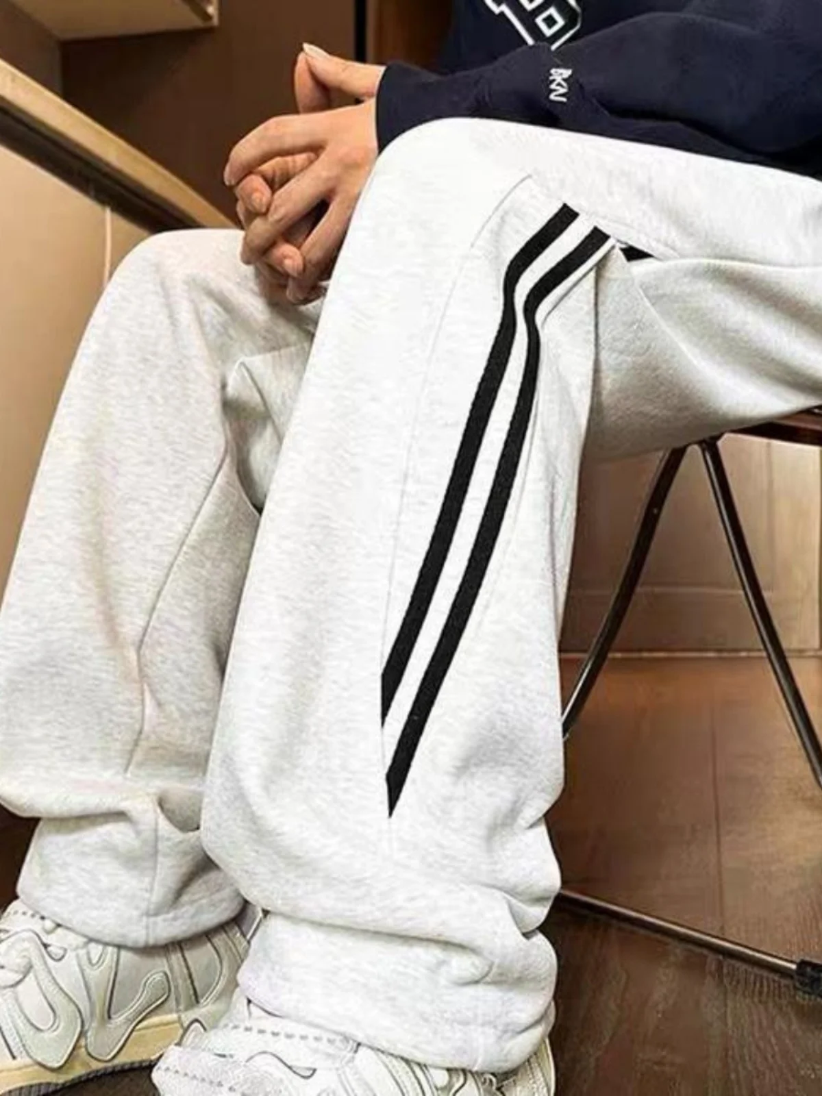 Trendy High Waist Fleece Lined Casual Striped Sports Pants for Girls Straight Leg Long Trousers Suitable for High School Stud...