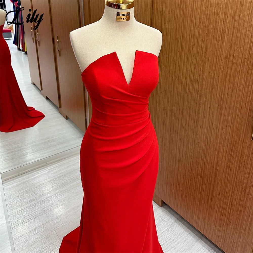 Lily Simple Red Prom Dresses Sexy V-Neck Evening Dresses With Slit Mermaid Pleated Party Dress Zipper Back فساتين مناسبة رسمية