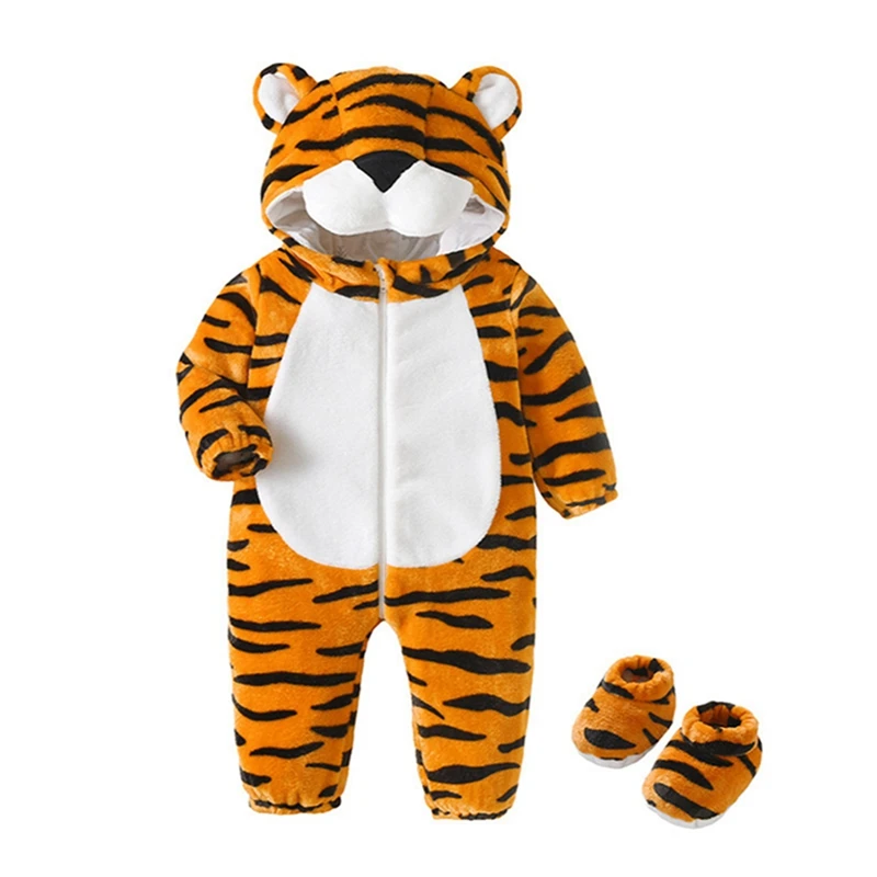 Baby Animal Costume Winter Warm Hooded Romper For Fall Cute Tiger Dinosaur Costume with Foot Covers For 0-24 Months