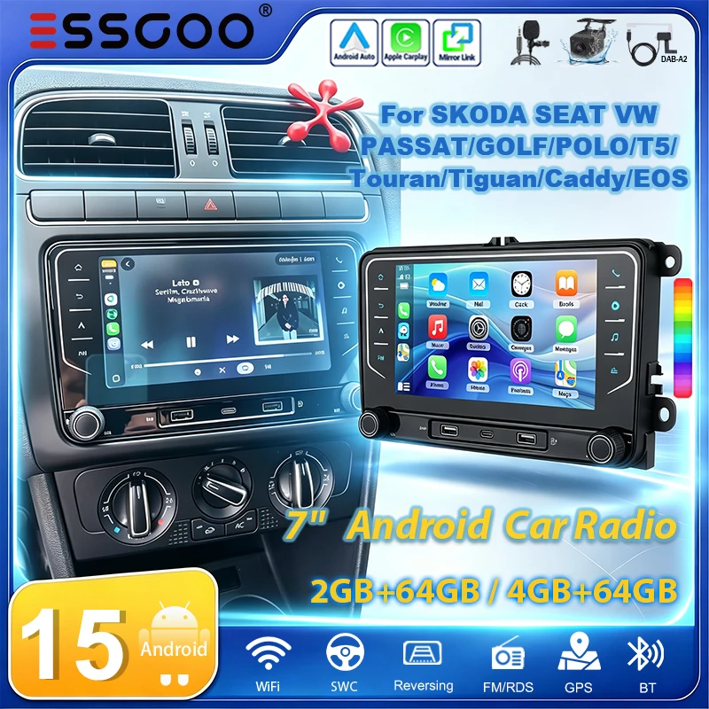 ESSGOO 7" Android 15 Autoradio 2GB+64GB/4GB+64GB für Skoda Seat VW Passat T5 Golf Polo Tiguan Touran Eos Vento Wireless Carplay Android Auto GPS Navi RDS FM Wifi Bluetooth Mirror Link Swc Touchscreen